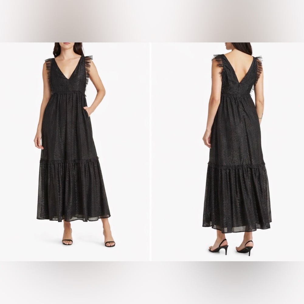 Chelsea28 Maxi Dress 2X Black Metallic Tiered Tulle Trim Sleeveless Washable NEW